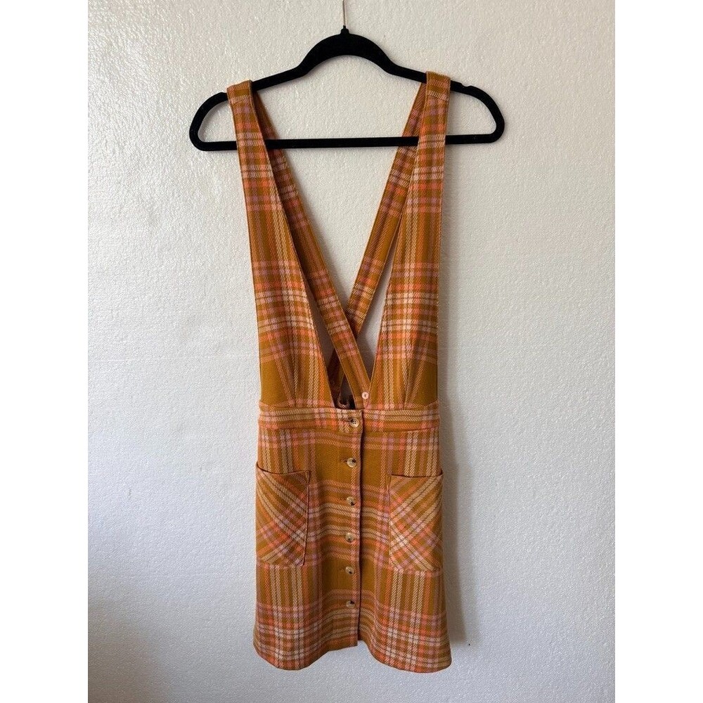 ModCloth Medium Making the Grade Gold Plaid Overall Jumper Dress Cottagecore